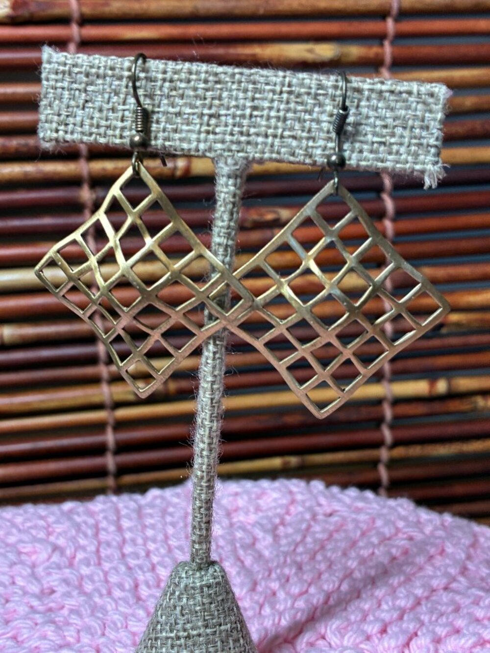 Artisan-made Gold-tone Earrings - Diamond Shape with Grid Pattern - Boho/Modern